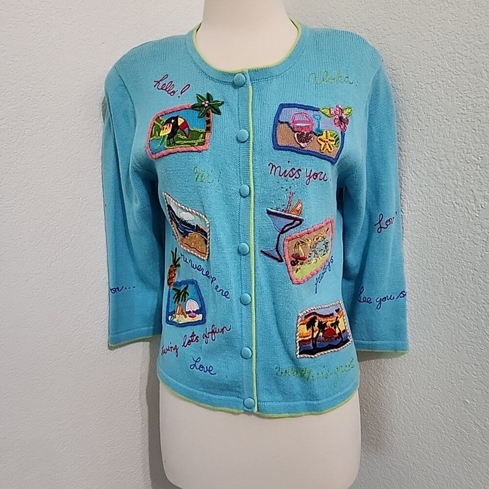Jack‎ B Quick PM Tropical Travel Cardigan Blue Beaded Sequins Embroidered Cruise